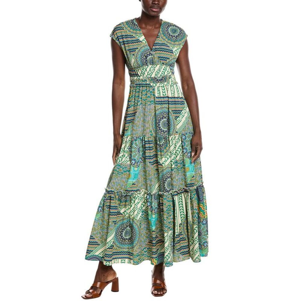 Gracia Womens  Printed V Neck Cap Sleeve Tiered Maxi Dress, Green